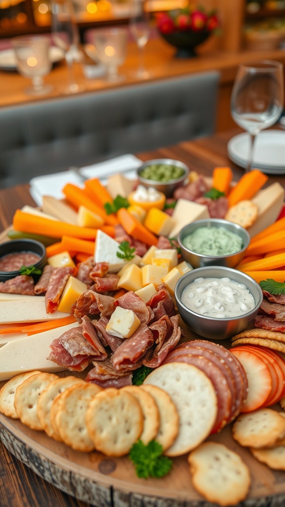 A colorful party snack platter with cheeses, meats, fruits, and dips, set on a rustic table.